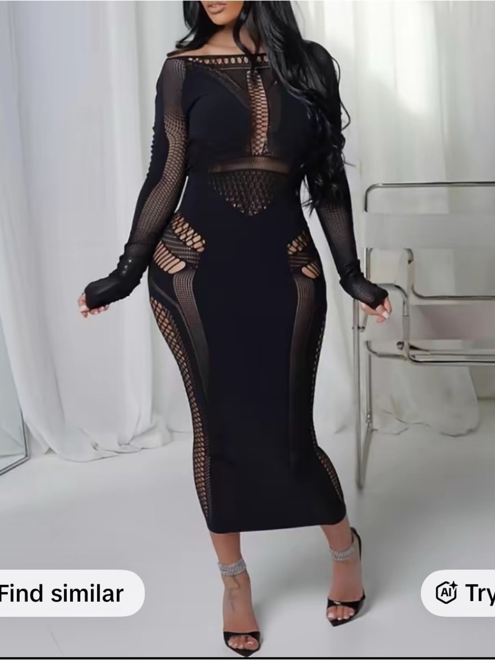 Black Mesh Insert Long-Sleeve Bodycon Dress